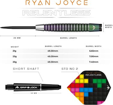 Дартс-набір Mission Darts Ryan Joyce Relentless, 95% вольфрам, PVD-покриття, сталева голка, різні ваги