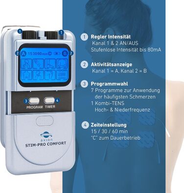 Пристрій TENS Axion STIM-PRO Comfort для терапії болю - комплект з 4 електродів 5x5 см | Reizstromgerät для лікування артрозу, артриту, болю в шиї, спині та суглобах | Сертифікований медичний продукт