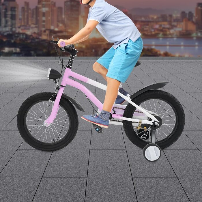 Дитячий велосипед 16 дюймів для хлопчиків та дівчаток, сталевий, 5-8 років, з бічними колесами та регулюванням висоти, рожевий + LED-ліхтар