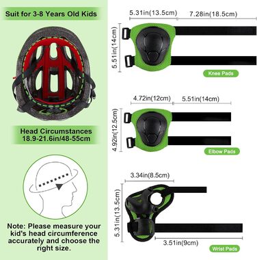 Дитячий шолом Kinderhelm для велосипеда, 3-8 років, регульований, захист для дівчаток, комплект наколінників (зелений/чорний)