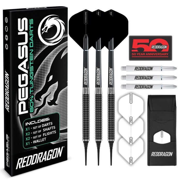 Дарти Red Dragon Pegasus Tungsten 20г: сталеві, з білими пір'ями та кейсом