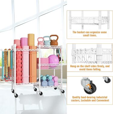 Органайзер для домашнього спортзалу FUTASSI з 3 рівнями, для килимків для йоги, ролерів, гантелей, гир та еластичних стрічок, білий/оптичний сад, подвійний ряд