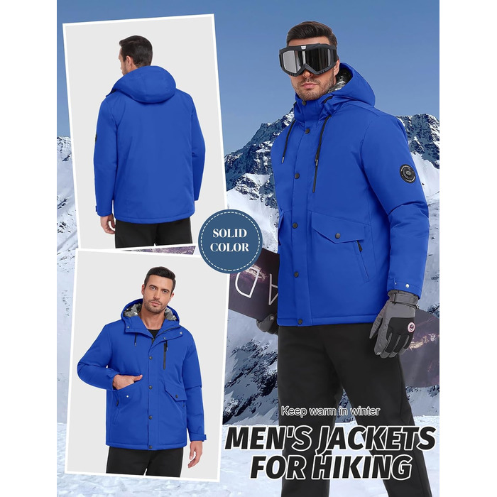 Водонепроникна зимова куртка Voqeen для чоловіків, тепла сноуборд куртка з капюшоном, вітрозахисна, для активного відпочинку, з термо-функціональною підкладкою, для походів та катання на сноуборді (Блакитний, XL)