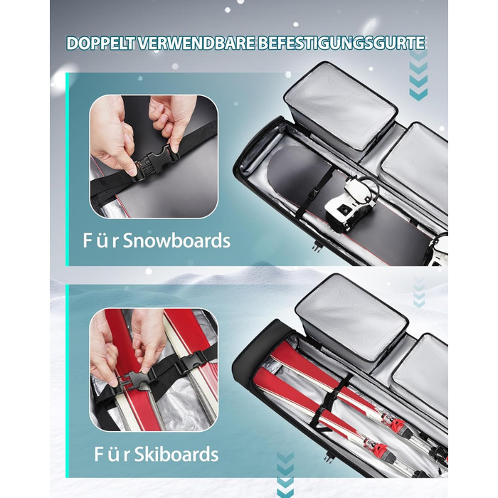 Чохол для сноуборду YOREPEK на колесах, водонепроникний, з кишенями для черевиків, розширюваний, 170 см, для 2 пар лиж/сноуборду, чорний