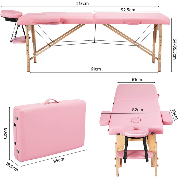 Масажне ліжко Yaheetech з 2 зонами, регульоване по висоті, з підголівником та підлокітниками, 213 x 82 x 85,5 см, до 250 кг