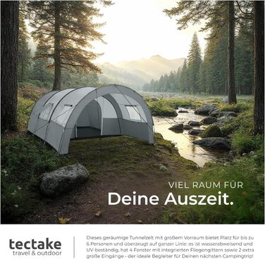Намет Tectake Tunnelzelt для 6 осіб, сімейний, з тамбуром та підлогою, захист від UV-випромінювання, кемпінговий намет з сумкою для транспортування, 350x480x195 см, темно-сірий/світло-сірий