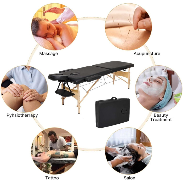 Мовбільна масажна кушетка Mondeer з 2 зонами, регульована по висоті, складана з дерева, для салону краси, з підголовником та підлокітниками, чорна