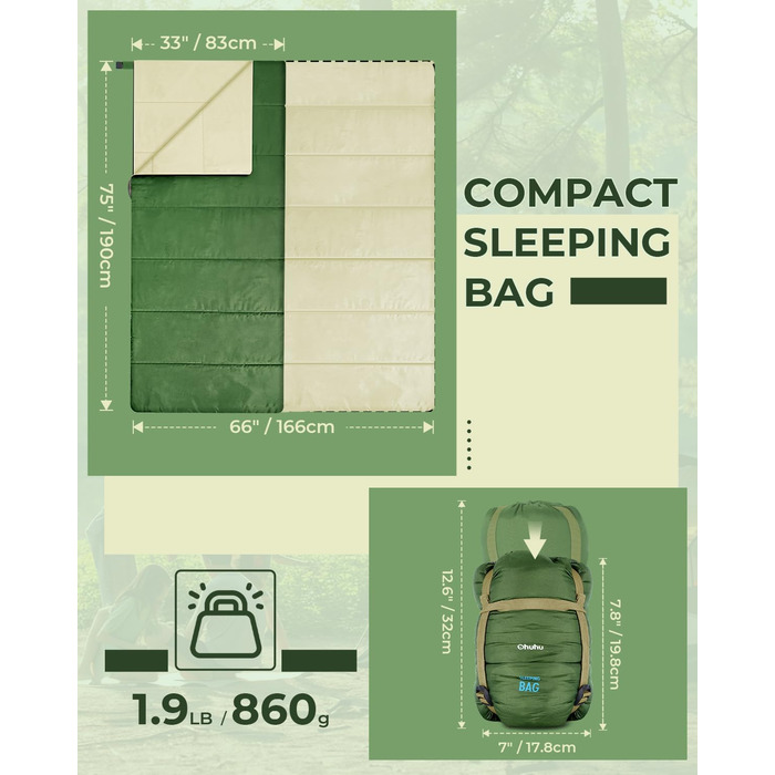 Сплячий мішок Ohuhu, компактний та ультралегкий (900г), літній, ковдровий, для дому та відпочинку на природі, кемпінгу, подорожей та фестивалів (зелений)