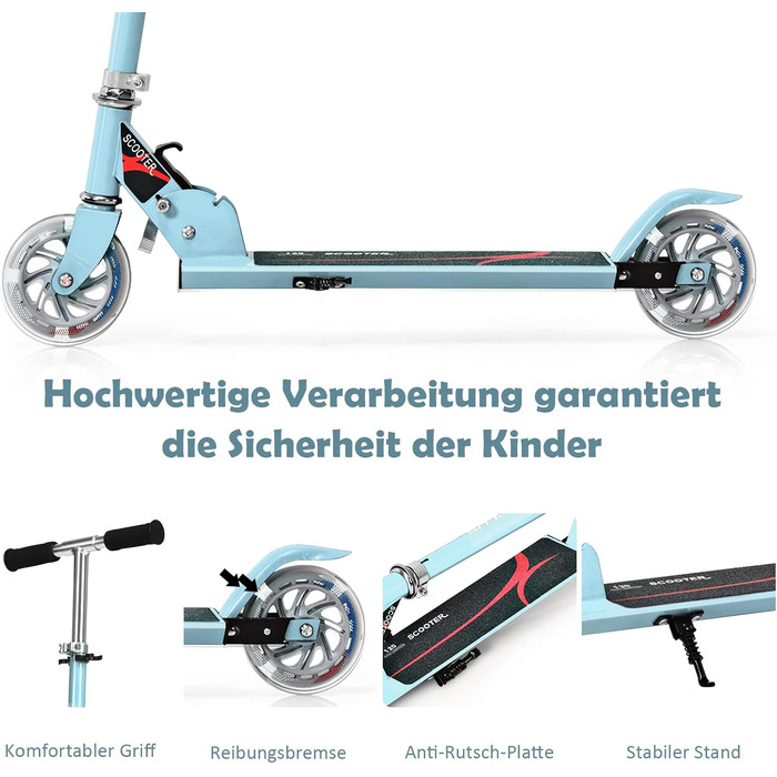 Дитячий ролер GOPLUS Roller Kinder 4, ролер для дітей 4 роки, з LED-підсвіткою, гальмом та підніжкою, регульована висота, алюмінієвий, складний, до 70 кг, блакитний