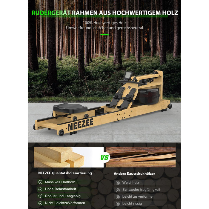 Гребний тренажер Neezee для дому, складаний, з масиву дерева, Bluetooth, тримач для планшета, до 200 кг, сумісний з Kinomap, колір дерева