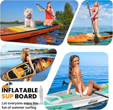 Набір SUP-дошки ALLPICK Premium: надувна дошка для сапсерфінгу з кріпленням для камери, повний комплект аксесуарів, регульоване весло, для початківців та досвідчених, 200 кг (Колір: Захід сонця - Оранжевий)