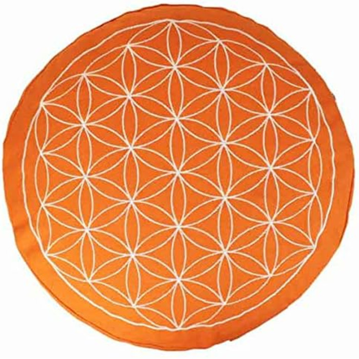 Медитаційна подушка Maylow Yoga з вишивкою «Квітка життя», 33x15 см, для початківців і досвідчених, наповнювач — органічна луска спельти, чохол і вкладка — бавовна, знімний, помаранчевий/білий