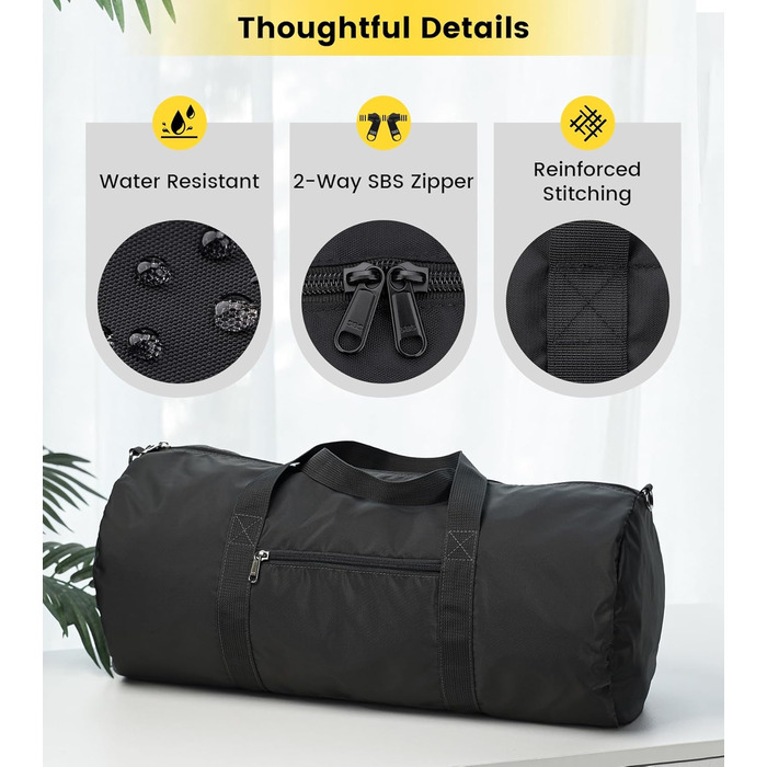Спортивна сумка Vorspack для чоловіків та жінок — водонепроникна складна дорожня сумка для подорожей, спортзалу та ручної поклажі, чорна, 61 см (24 дюйми)