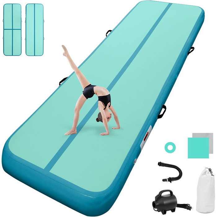 AirTrack мат з електричним насосом, 10-60 см заввишки, 2-5 м завдовжки. Килимок для гімнастики, йоги, кемпінгу, тренувань (зелений+синій, 300x100x10 см)