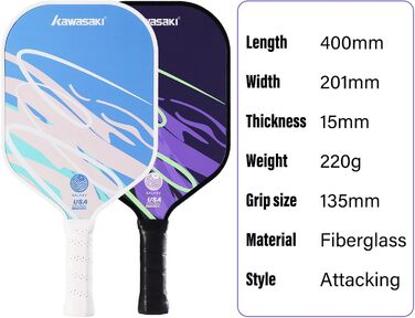Паддл для піклболу Kawasaki Galaxy: легкий, скловолокно, 15 мм, чорно-фіолетовий