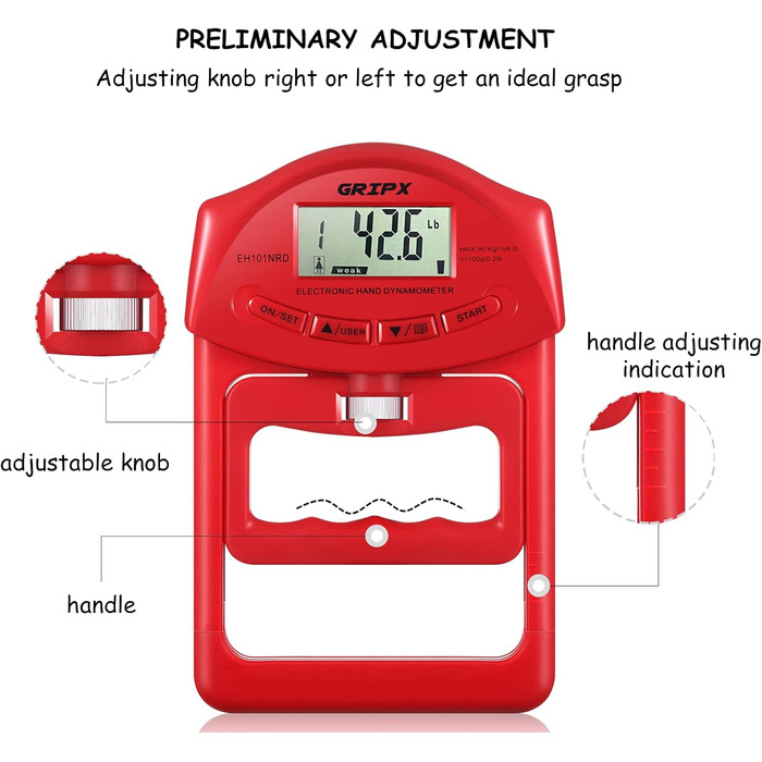Цифровий динамометр GRIPX для вимірювання сили хвата. Електронний, автоматичне вимірювання, 90 кг / 198 lbs (червоний)