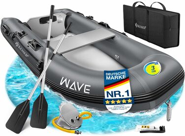 Надувний човен KESSER® Wave 230-320 см (комплект 6 в 1): човен, лавка, насос, весла, ремкомплект, сумка. Можливість встановлення мотора, для солоної води, антрацит.