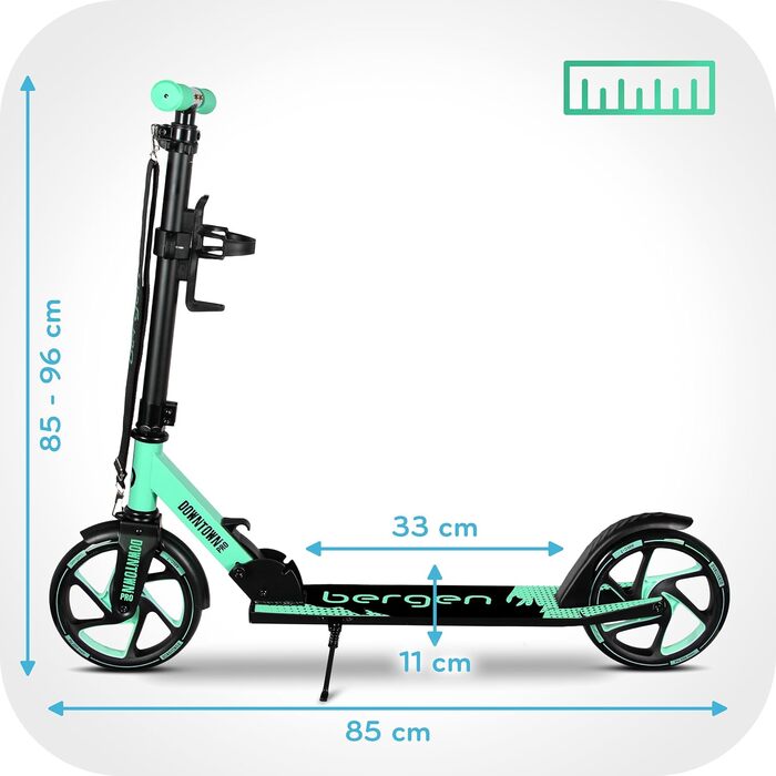 Самокат міський Bergеn City Scooter Downtown, алюмінієвий, складаний, 3.3 кг, колеса 200 мм, регульована висота, для дітей від 6 років, підлітків, дорослих до 100 кг (чорний, зелений)