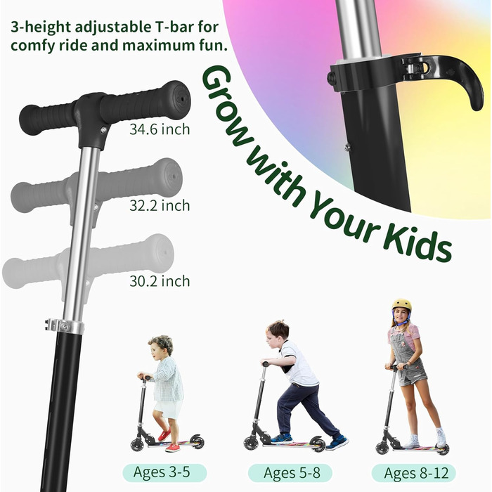 Белеїв V2 Роликовий Самокат для Дітей 6 років, з LED-підсвічуванням, Регульована Ручка та Дека, Заднє Гальмо, Складаний Самокат для Дівчаток та Хлопчиків 3-12 років (Чорний з Райдужними акцентами)