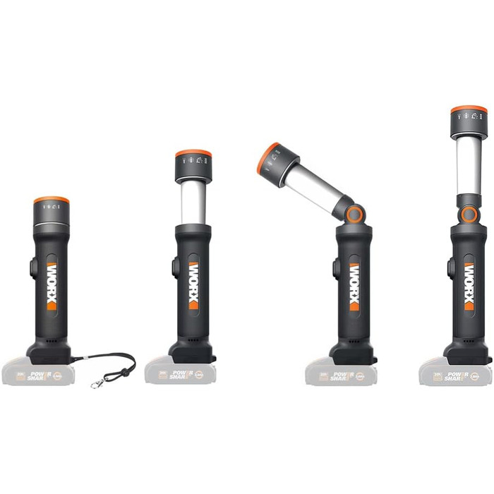 WORX WX027.9 LED лампа 4-в-1: акумуляторна багатофункціональна лампа 20V, 120-510 Lumen для кемпінгу, подорожей та інших потреб (без акумулятора та зарядного пристрою)