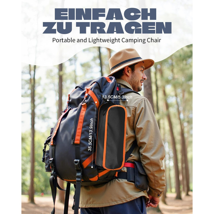 Складний туристичний стілець для кемпінгу з сіткою та кишенями, вантажопідйомність 150 кг, оранжевий