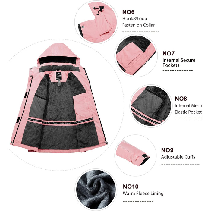 Жіноча зимова куртка Wantdo для катання на лижах та сноуборді з флісовою підкладкою, рожевого кольору (XL)