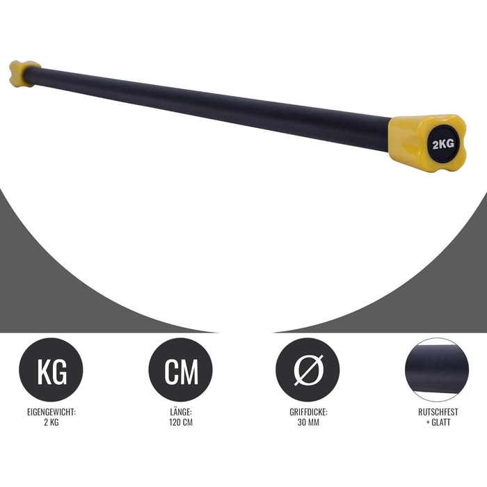 GORILLA SPORTS® Гриф для штанги 2 кг, гумовий, сталевий, нековзкий, для аеробіки та силових тренувань