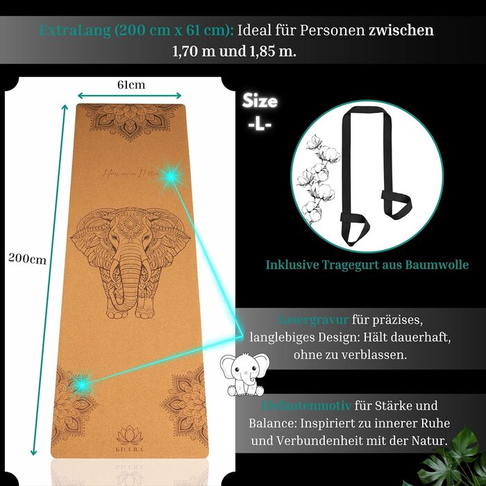 Кікура Йога-мат з корку та натурального каучуку з мотивом слона – Нековзна преміум-мат, 4 мм товщина, з ремінком для перенесення – Екологічна, у 3 розмірах (M, L, XL) (L - Мат - 200x61x0,4 см)