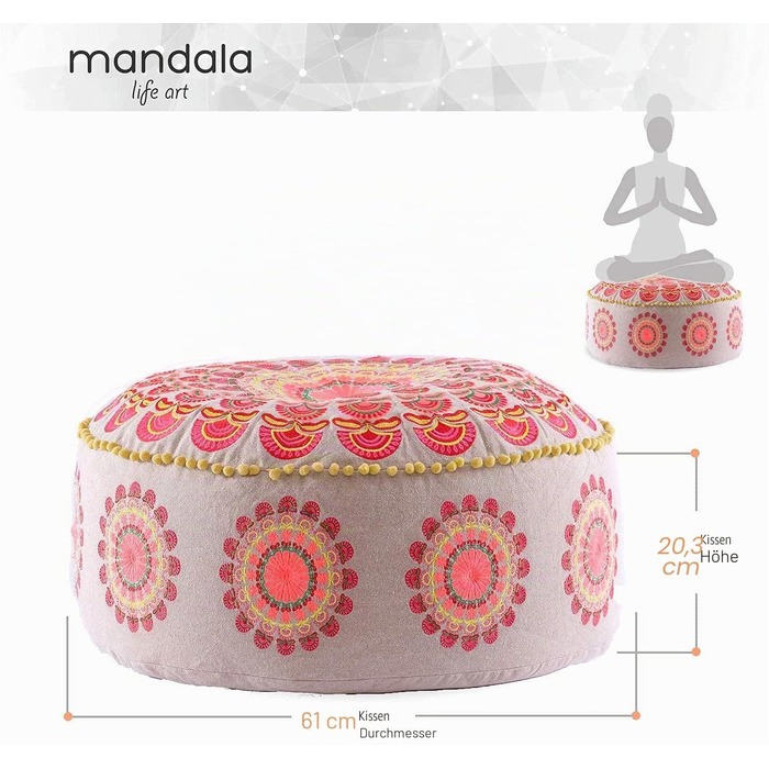 Пуф для сидіння Mandala Life ART Round Boho (60x20 см, червоний) - декоративний, бавовняний, без наповнювача