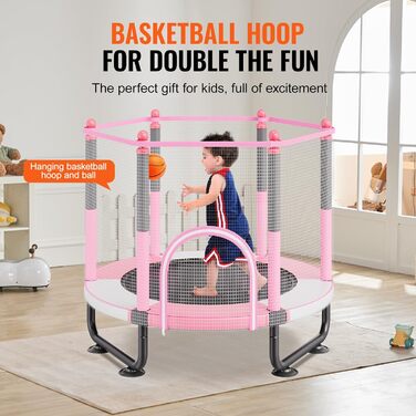 Батут дитячий VEVOR Outdoor 1545 мм з сіткою та баскетбольним кільцем, рожевий. Для дітей від 3 років.