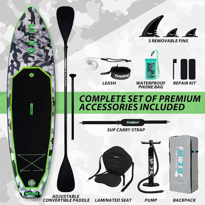 Надувний SUP Борд FunWater 10' Tarnserie: Комплект для веслування, з насосом, веслом та аксесуарами. Підходить для початківців та сімей