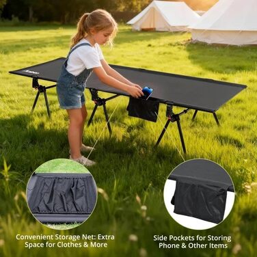 Кемпінгове ліжко Anbte: легке, розкладне, 190x70 см, алюміній, 2 положення висоти, до 180 кг, з сумкою