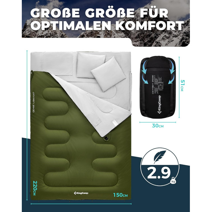 Сплячий мішок KingCamp для двох осіб, зимовий, для кемпінгу, оливковий