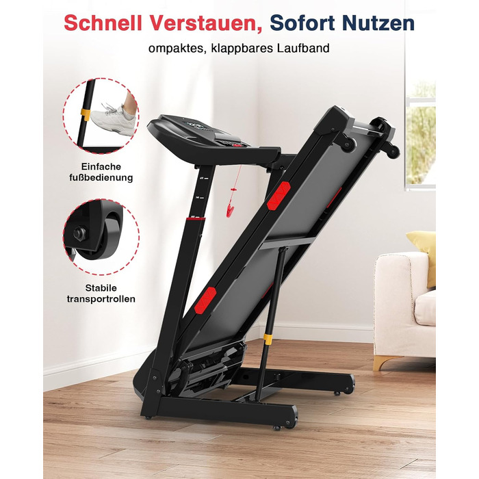 Біговий тренажер Redliro з автоматичним нахилом 15% - складний, до 160 кг, з регульованим поручнем та Bluetooth, для дому