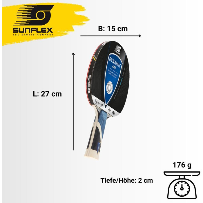 Столівідний тенісний ґратка Sunflex® Dynamic A40 | Змагальний ґратка для настільного тенісу | Покриття Shogun, сертифікований ITTF | Анатомічна форма ручки | Легкий |
