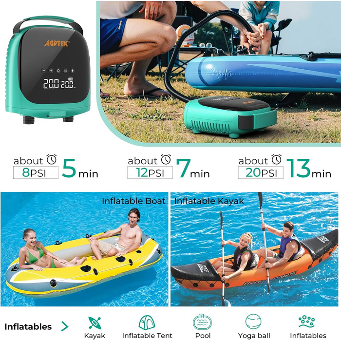 Електричний насос для SUP-дошки AGPTEK: акумуляторний, 20PSI, автоматичне відключення, 12V, для SUP та човнів