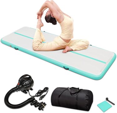 Гімнастичний надувний мат Airtrack 3м – для дітей та дорослих – з електричним насосом, для йоги та фітнесу, білий/бірюзовий