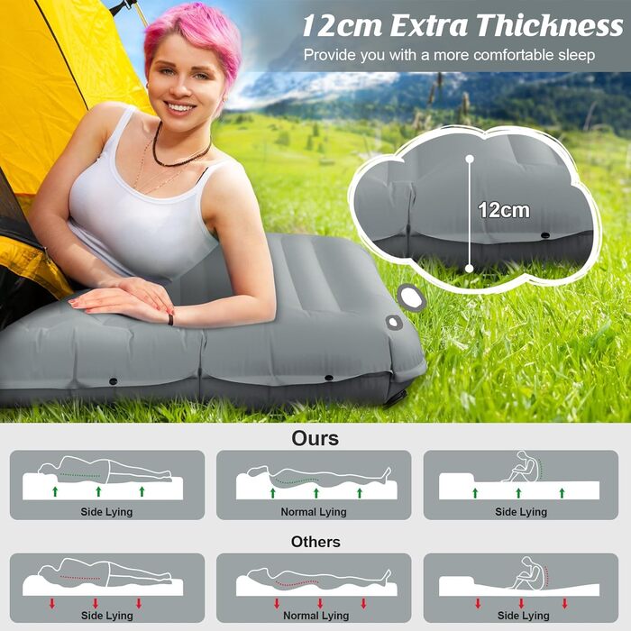Ізомат FTSMTK самонадувна з помпою, 12 см товщина, для кемпінгу, ультралегка, компактна, надувна, спальний килимок для відпочинку на природі сірого кольору