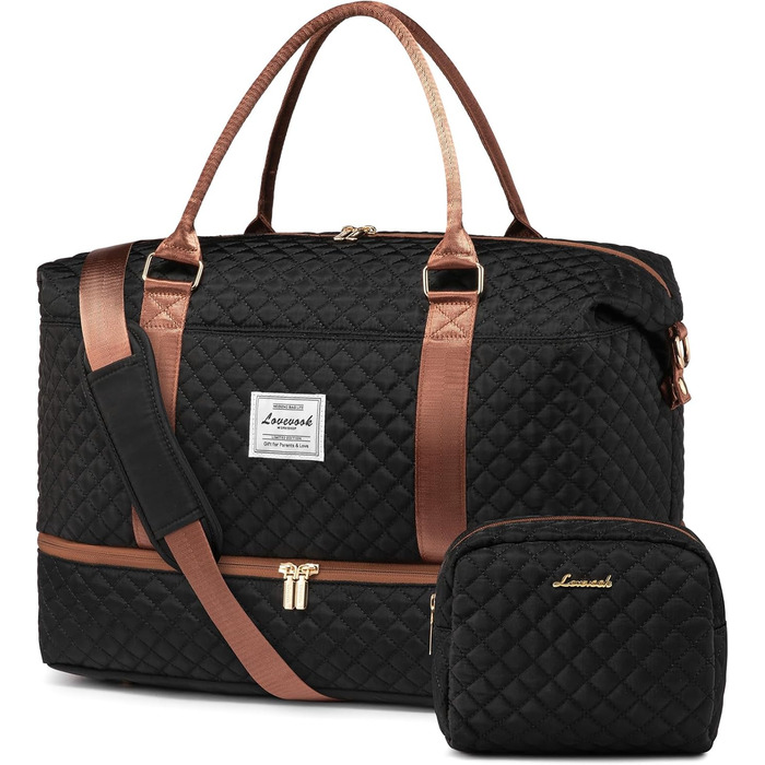 Спортивна сумка LOVEVOOK для жінок, велика з відділенням для взуття та мокрих речей, дорожня сумка-мішок, комплект з косметичкою, водонепроникна, ручна поклажа для літака, спортзал (M-2шт, чорно-коричнева)