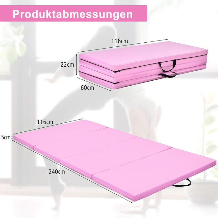 Мат гімнастичний COSTWAY 240x120x5 см, складаний, для йоги та фітнесу, рожевий, з липучкою та ручками