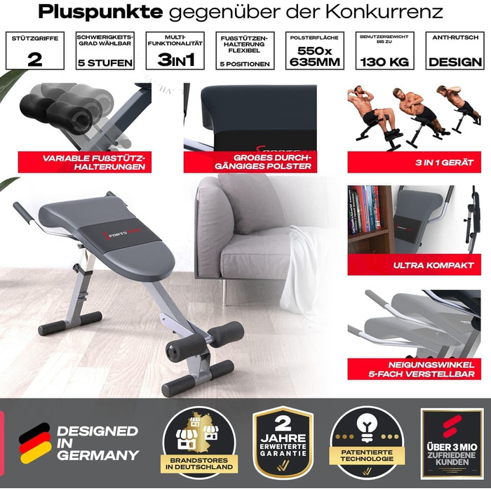 Складана та регульована лава для тренувань Sportstech 3в1 (BRT200) – для пресу, спини та ніг | До 130 кг | Сірий колір