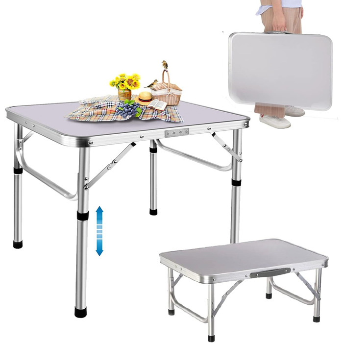 Складаний столик 60 см, портативний, для кемпінгу та пікніків, сад, на вулицю. Складаний стіл з алюмінієвим каркасом, регульована висота, 60 x 45 x 26 см, білий