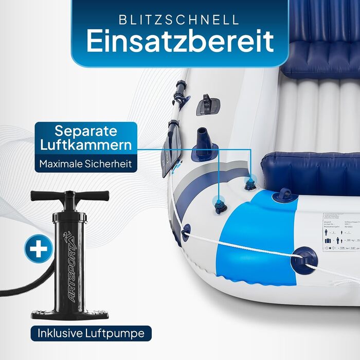 Надувне човен ArtSport 322 см на 4 особи з 2 лавками - PVC човен з насосом, веслами, сумкою та ремкомплектом