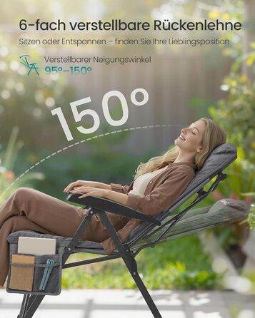 Складаний туристичний стілець SONGMICS для відпочинку та риболовлі, сірий, з регульованою спинкою та кишенями