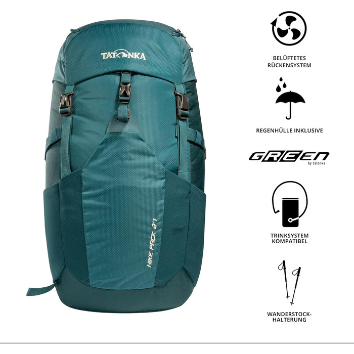 Рюкзак для походів Tatonka Hike Pack 27 л, легкий, з вентиляцією спини та дощовиком, бірюзово-зелений