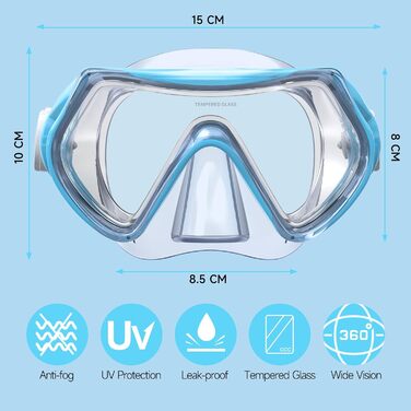 Дитяча маска для снорклінгу Findway з набірною маскою та антизапітніючою поверхнею, 180° панорама, для дітей 4-16 років, блакитна