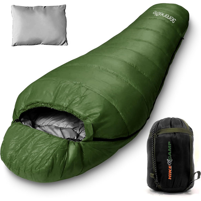 Сплячий мішок SereneLife для кемпінгу – теплий, водонепроникний, для зимового відпочинку, температура від -15°C до +12°C, з компресійним мішком та подушкою