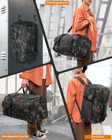 Спортивна сумка RAINSMORE 3-в-1 для чоловіків 45L: рюкзак, сумка-валіза з відділенням для взуття, ноутбука та мокрого одягу, фітнес-сумка, камуфляжний колір