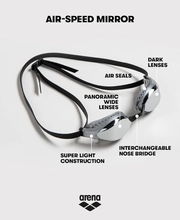 Окуляри для плавання ARENA Airspeed Mirror антифог для дорослих, з широкими лінзами, UV-захистом, 3 змінними переніссями, герметичні, дзеркальні