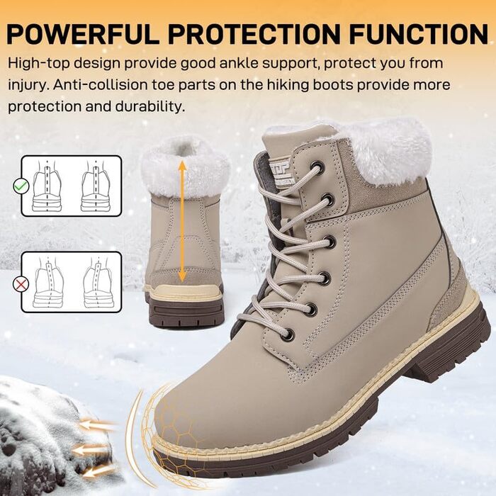 Зимові черевики жіночі утеплені, водонепроникні, для снігу, теплі, короткі, туристичні, підошва не слизька (Бежевий, 40 EU)